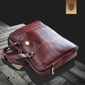 A brown office leather bag handmade in India.